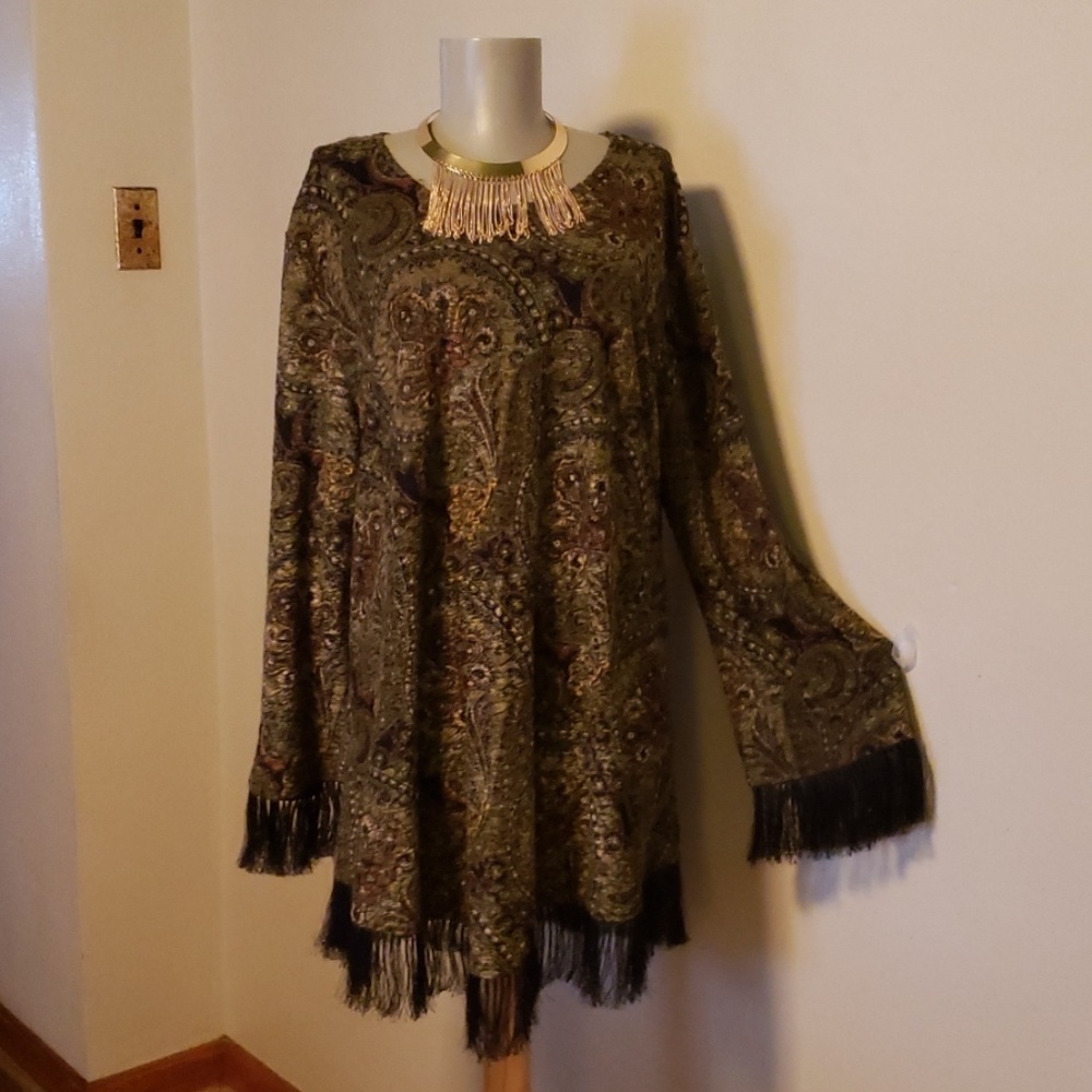 New Fashion paisley print fringed knit sweater XL
